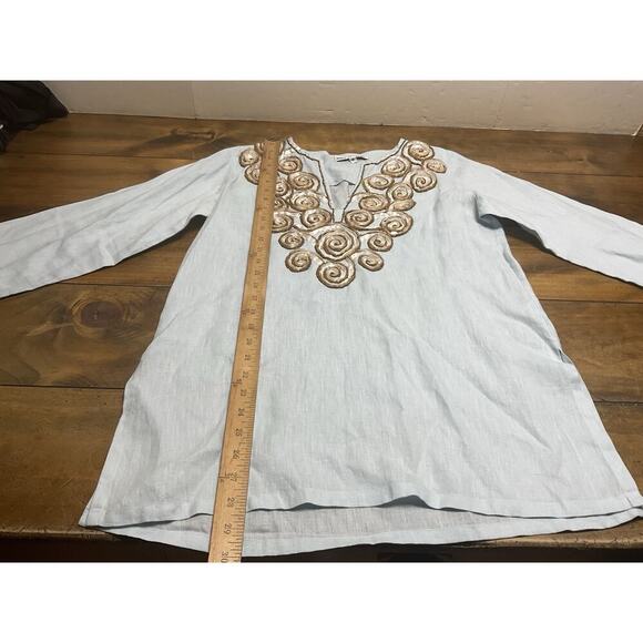 Barbara Gerwit Blue Linen Embroidery Tunic Top Blouse Cover Up Medium - Picture 10 of 14